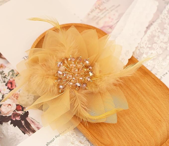 Bethynas Baby Girls Lace Feather Headband Beads Gauze Flower Elastic Toddler Hairband Birthday Party Princess Hair Accessories for Newborn Infant (Gold)