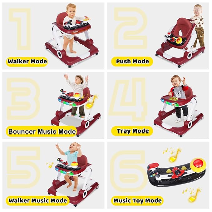TODEFULL 6 in 1 Baby Walker, Baby Activity Walker for Toddler, Push Walker w/Adjustable Height Speed, Learning-Seated & Walk-Behind, Infant Walker w/Feeding Tray & Music Toys, Red