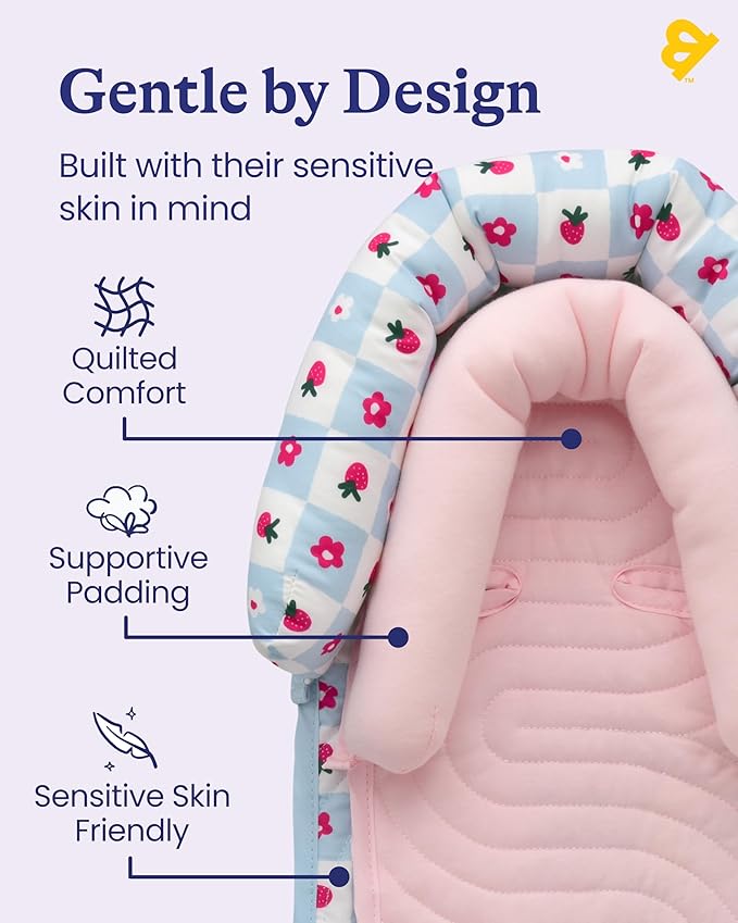 GoldBug Deluxe Duo Car Seat Head Support + Matching Strap Covers for Baby and Infant - Patchwork Berry