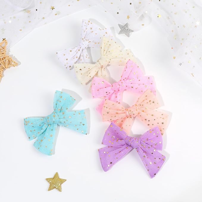 CN 6 PCS Tulle Hair Bows for Girls, Toddler Bows with Glitter Star Alligator, Colorful Hair Barrettes Wedding Sequin Hair Accessories for Baby Girls Infants Toddler Teens Party(Style J)
