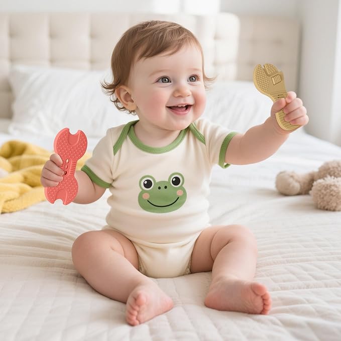 Baby Teether Toys, 4 Pack Food-Grade Silicone Teething Toys for 3-6 6-12 Months Babies, Infants, Easy to Grasp, Teething Relief Toy