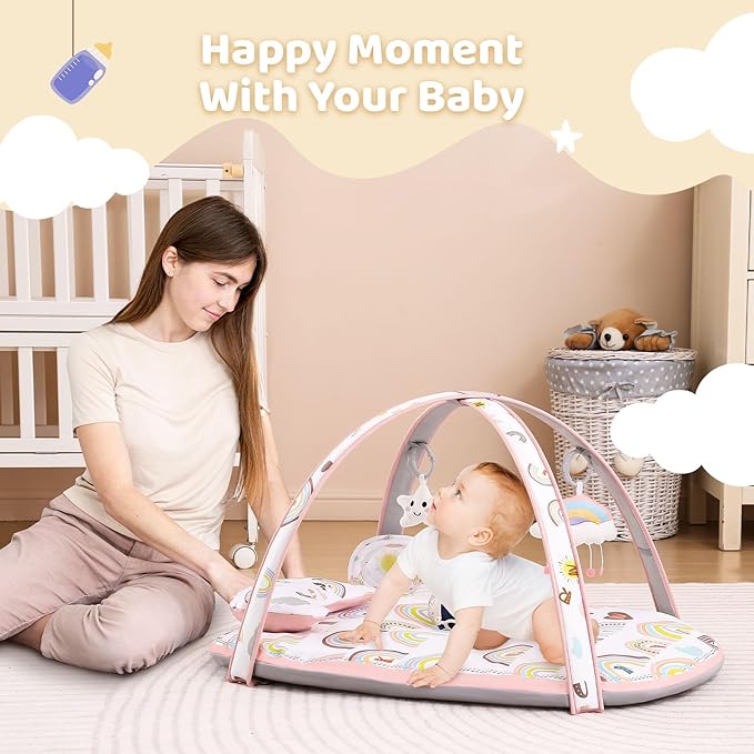 Baby Play Gym Mat, Activity Gym & Plat Mat for Child Baby Girls, 7 in 1 Tummy Time Stage-Based Mat for Infant Sensory & Motor Skills Development