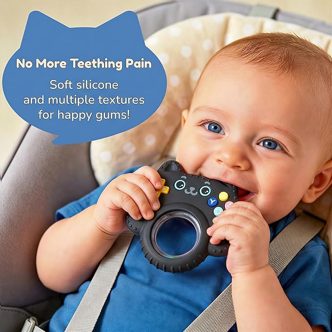 Baby Teether Toy Silicone Cat Teething Ring -Game Controller, Baby Rattle Toy Chew Sensory Toys for Babies Over 3 Months, Teething Relief for Newborn Infant Essentials 0-6 6-12 Months, BPA Free -Black