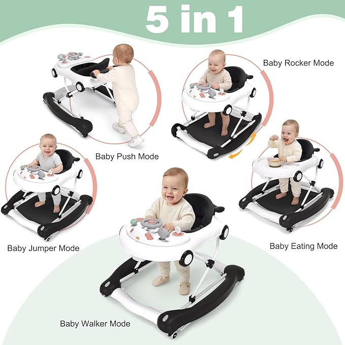 5-in-1 Convertible Baby Walker with Steering Wheel Music Activity Center – Infant Rocker, Jumper, Push Walker, Bouncer & Feeding Foldable Walker for Ages 6-18 Months Boys Girls (Black)