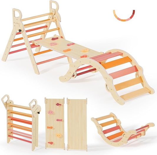 BlueWood Pikler Triangle Set, Toddler Wooden Climbing Toys Indoor 7in1 Foldable Climber for Kids, Montessori Philosophy Play Jungle Gym with Arch, Ramp, Ladder (Farm Charm Autumn)