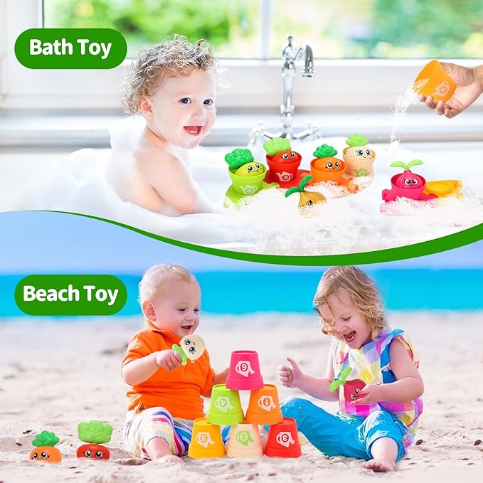 MOONTOY Baby Montessori Stacking Toys Learning Toys for 1 + Year Old 18pcs Plant Flower Pots & Puzzles Set, Color Sorting Toys for Toddlers 1-3, Birthday Gifts for 2 Year Old Girls Boys
