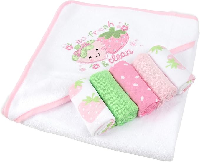 Baby Hooded Bath Towel and Washcloth Set for Infant Girls 6-12 Months (So Fresh Strawberry Pink)