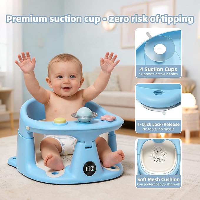 Baby Bath Seat for Babies 6 Months & up with Thermometer, Non-Slip Toddler Bath Seats for Sitting Up, Safe Infant & Newborn Bathtub Chair with 4 Suction Cups, Soft Cushion & Temperature Display, Blue