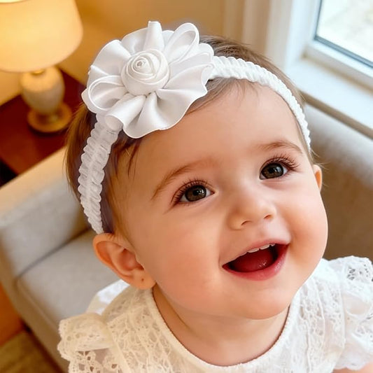 Baby Girls Headband White Bow Lace Headbands Soft Elastic Bowknot Hairbands Cute Hair Accessory for Newborn Kids Infant Toddler Baptism Birthday Party (Bow A)
