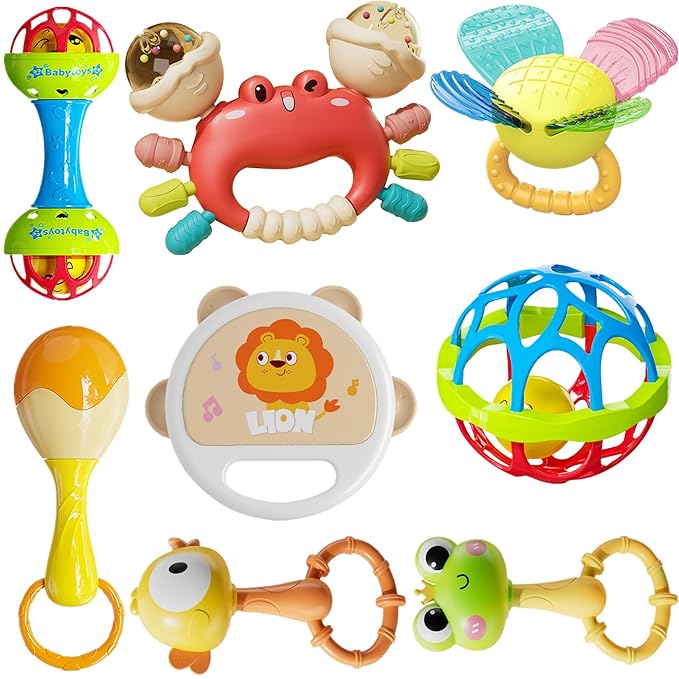 Infant Rattle and Teether Toy Set, 8PCS Baby Rattles Toys with Crinkle Sound,Teething Ring,Squeeze Toy for 3+ Months,Colorful Animal Design (Lion, Crab, Frog, Bird) for Sensory Development