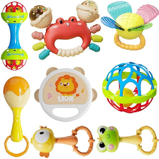 Infant Rattle and Teether Toy Set, 8PCS Baby Rattles Toys with Crinkle Sound,Teething Ring,Squeeze Toy for 3+ Months,Colorful Animal Design (Lion, Crab, Frog, Bird) for Sensory Development