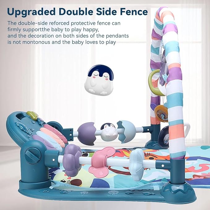 Baby Gym Play Mat, Piano Kick and Play Lights and Music Tummy Time Toys Infant Musical Activity Gym Mat for Visual, Hearing, Sensory, Gift Suitable for Newborns Aged 0 to 3 6 9 12 Months (Blue)