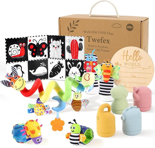 Twefex Wooden Montessori Learning Toy Set, Sensory and Thinking Play Set for Toddlers, 5-in-1 Bath Toys, Cloth Book, Hand and Foot Rattles, and Baby Sensory Toys Soft Hanging