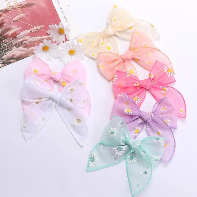 7 PCS Tulle Hair Bows for Girls, Large Daisy Hair Barrettes, Handmade Cute Wedding Hair Accessories for Baby Girls Infants Toddler Teens Women Birthday Party