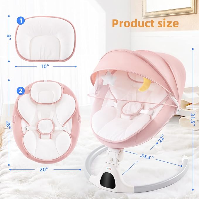 Jaoul Baby Swing for Infants - Electric Portable Newborn Bouncer, Timing Function, 5 Speeds, 3 Seat Positions for Boys and Girls (Pink)