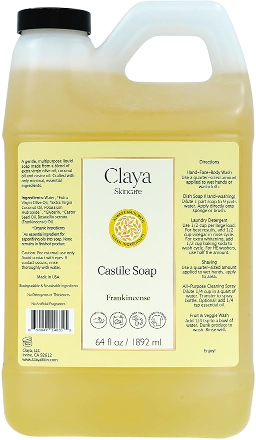 Claya Liquid Castile Soap – Organic Ingredients, Biodegradable, Gentle for Sensitive Skin and Versatile Use (64 fl oz, Frankincense)