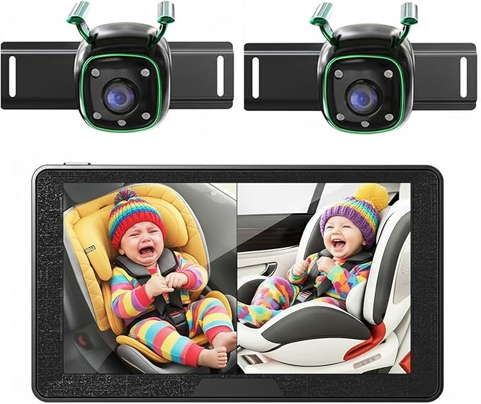 Dual Backseat Camera for 2 Kids 1080P Split-Screen Monitor Baby Camera Rear-Facing Cameras IR Night Vision 360° Rotatable Backseat Screen, Car Seat Mirror Alternative (0082 with 7in Monitor)