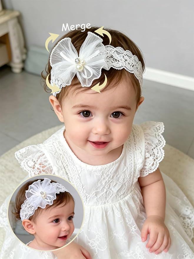 Baby Girls Headband White Bow Lace Headbands Soft Elastic Bowknot Hairbands Cute Hair Accessory for Newborn Kids Infant Toddler Baptism Birthday Party (Wide Lace Flowers)