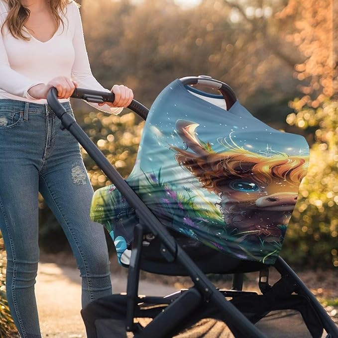 Wanyint Cute Highland Cow Baby Car Seat Covers High Chair Canopy Shopping Cart Cover, Baby Breastfeeding Cover for Mothers