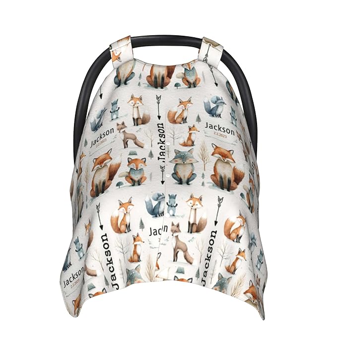 Personalized Winter Carseat Cover for Baby Custom Name Car Seat Canopy for Newborn Baby Boys Girls 2 in 1 Mom Nursing Breastfeeding Covers Woodland Minky Baby Carrier Stroller Covers