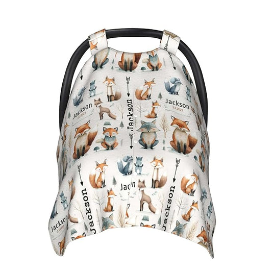 Personalized Winter Carseat Cover for Baby Custom Name Car Seat Canopy for Newborn Baby Boys Girls 2 in 1 Mom Nursing Breastfeeding Covers Woodland Minky Baby Carrier Stroller Covers