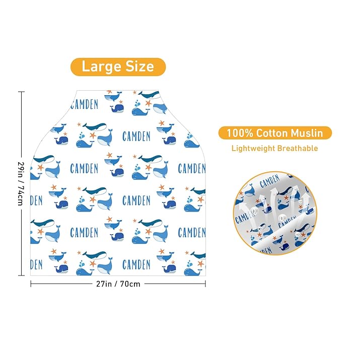 Personalised 7 in 1 Car Seat Cover for Girls and Boys - Multipurpose Breast Feeding Cover, Blue Whale Print Nursing Cover, Grocery Cart Cover - Birthday Gift for Babies(27"x29")