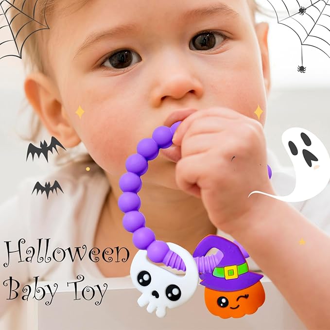BIGSPINACH Halloween Teething Ring, Silicone Baby Teether with Witch and Cat Design, BPA-Free Infant Teething Toy, Easy to Hold,Safe for Babies and Toddlers (Colorful, Pumpkin＆Ghost) 2PC