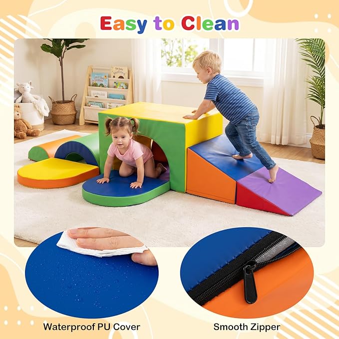 Costzon 7 Pieces Toddler Climbing Toys Indoor, Climb & Crawl Activity Playset w/Slide & Tunnel, Waterproof PU Cover, Indoor Play Gym Structures for Toddlers, Foam Climbing Blocks for Kids 1+ Year Old
