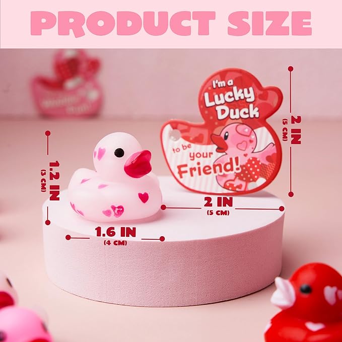 JOYIN 24 Pcs Valentine’s Day Mini Rubber Duck 1.2 Inches with Gift Cards, Small Rubber Duckies with Duck Card Tags, Rubber Duck Bath Toys for Classroom Exchange Prizes, Valentine Party Favors Toys