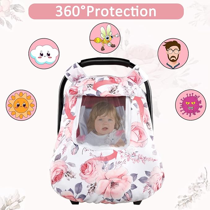 Baby Car Seat Cover and Blanket for Girls, Winter Car Seat Covers for Babies, Minky Blankets with Dotted Backing, Pink Floral