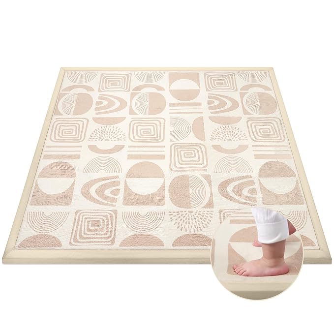 59"×71" Baby Play Mat for Floor & Playpen, 1.2" Thick High-Density Foam Nursery Mat for Tummy Time, Soft Plush Carpet with Non-Slip Bottom for Infant Toddler Baby Crawling & Playing (Khaki)