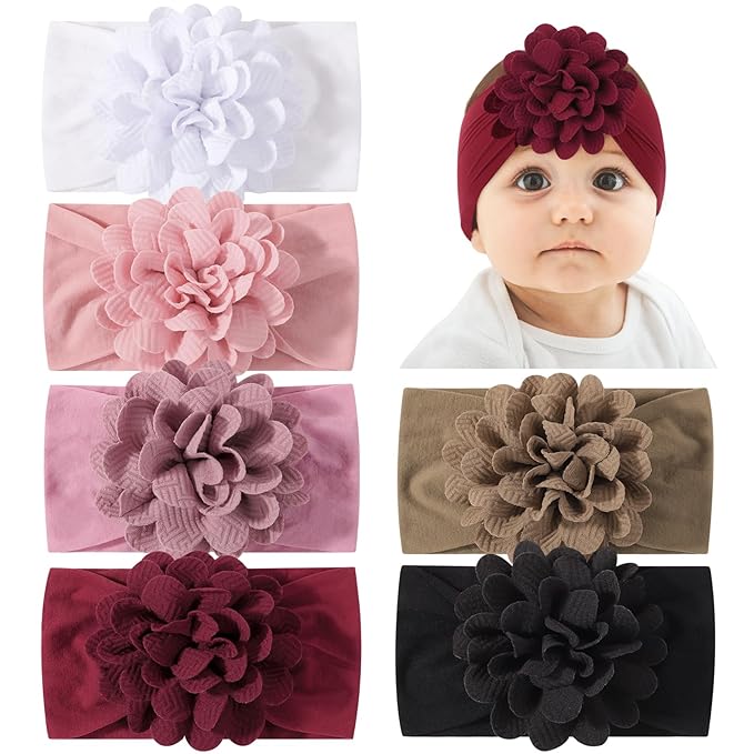 jollybows 6pcs Baby Girls Flower Hair Headbands Nylon Hair Bands Elastic Hair Accessories for Newborn Kids Infants Toddlers Dark Color