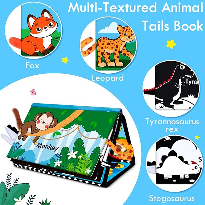 Aboosam Tummy Time Baby Mirror Toys 0-6 6-12 Months - Montessori Infant Toys Brain Development with Crinkle Cloth Book and Teether - High Contrast Newborn Sensory Toys for Babies Boys Girls Gifts