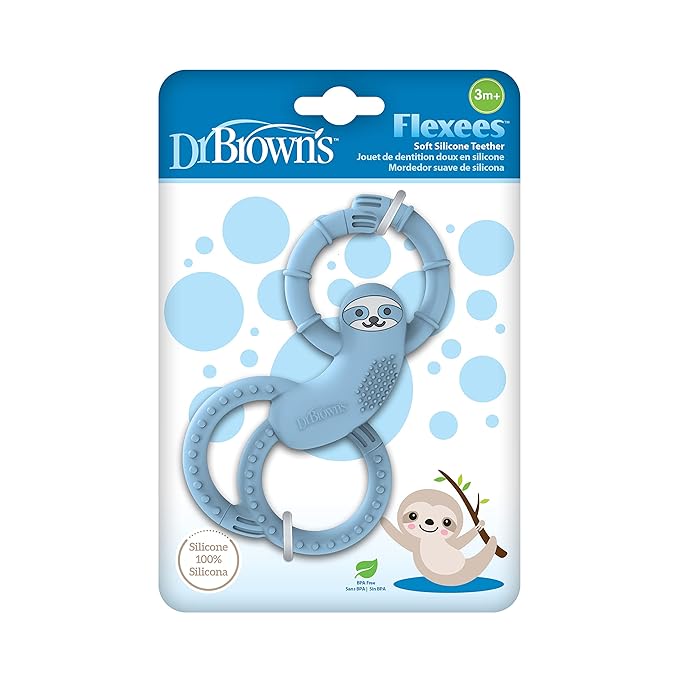 Dr. Brown's Flexees Teether, Blue Sloth, Soft 100% Silicone Baby Teether, BPA Free, 3m+, 1 Pack