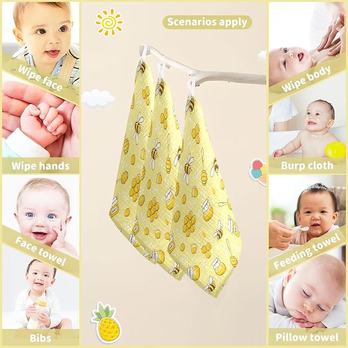 Baby Washcloths Cotton Flying Bees Honey Baby Muslin Washcloths Soft Baby Face Towel for Newborn Infants Baby Wipes, 11.8 X 11.8 Inch, 5 Pack Yellow