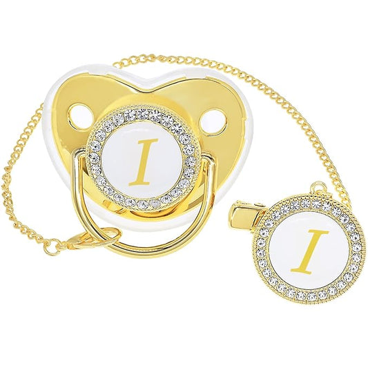Bling Personalized Golden Baby Pacifier with Pacifier Clips and Anti-dust Cover A-Z 26 Letters(Gold,I)