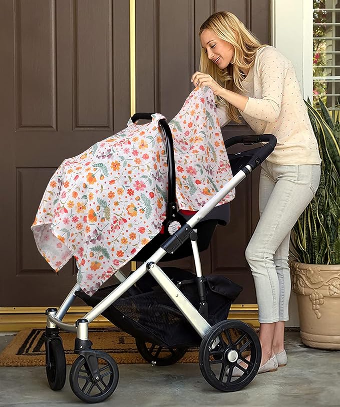 Metplus Car Seat Cover Baby Girl, 100% Muslin Cotton Infant Carseat Covers, Lightweight Breathable Car Seat Canopy, Summer Stroller Sun Shade, Newborn Travel Essentials (Colorful Flower)
