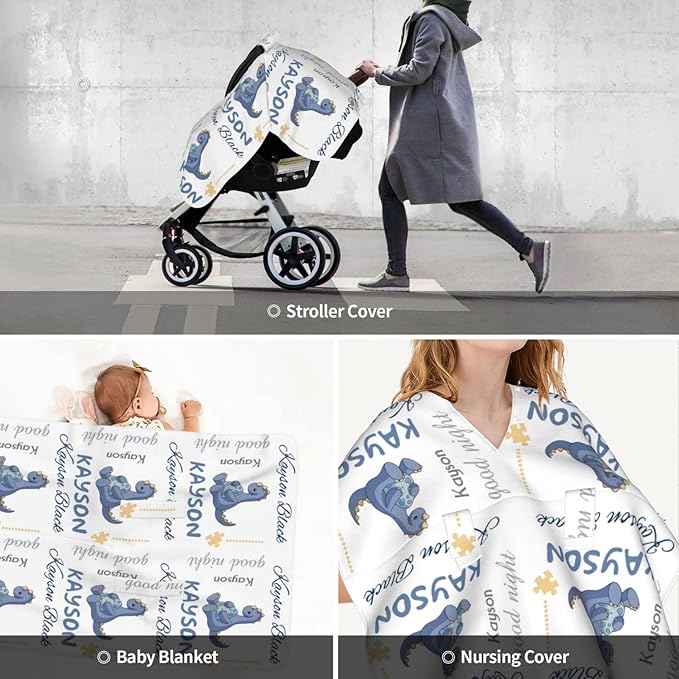 Personalized Baby Car Seat Cover Canopy with Name for Girls Boys Custom Dinosaur Baby Carrier Covers
