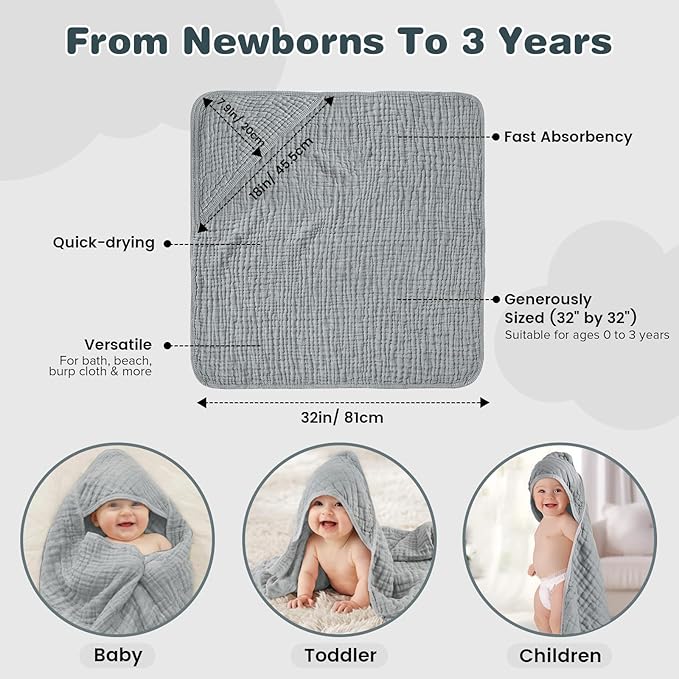 Hooded Baby Bath Towels for Newborn, 2 Pack - 6-Layer 100% Muslin Cotton, Soft Absorbent Baby Towels with Hood for Babies, Infants & Toddlers, Large 32x32 Inch Unisex Newborn Baby Bath Essentials