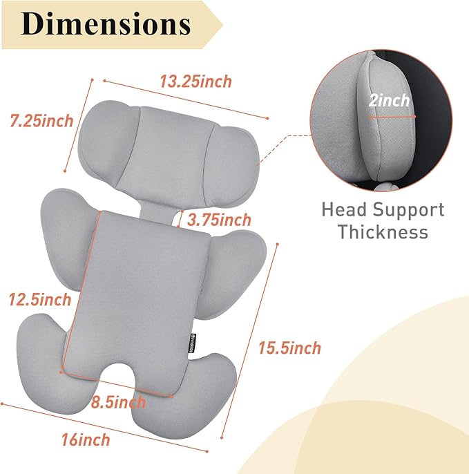 Innokids Infant Car Seat Insert, Baby Head Body Supports for Newborn, Soft and Padded, Detachable Head and Side Support for Carseats, Strollers, Swings (Light Grey)
