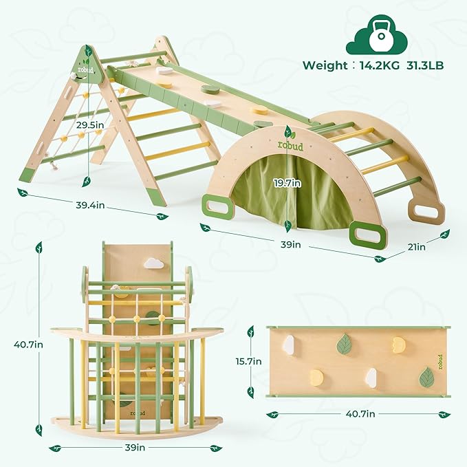 ROBUD 7 in 1 Pikler Triangle Set, Foldable Wooden Climbing Toys for Toddlers, Montessori Foldable Climbing Set with Rope Net, Ramp and Arch Climber for Girls & Boys