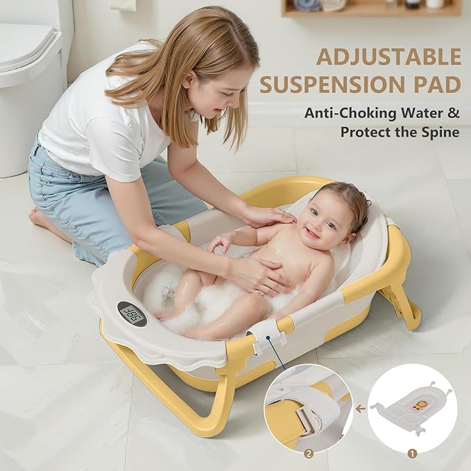 MoreFeel Foldable Baby Bathtub with Thermometer - 4-in-1 Grow-with-Me Collapsible Infant Tub (Newborn to Toddler) with Adjustable Mesh Sling - Space Saving Design