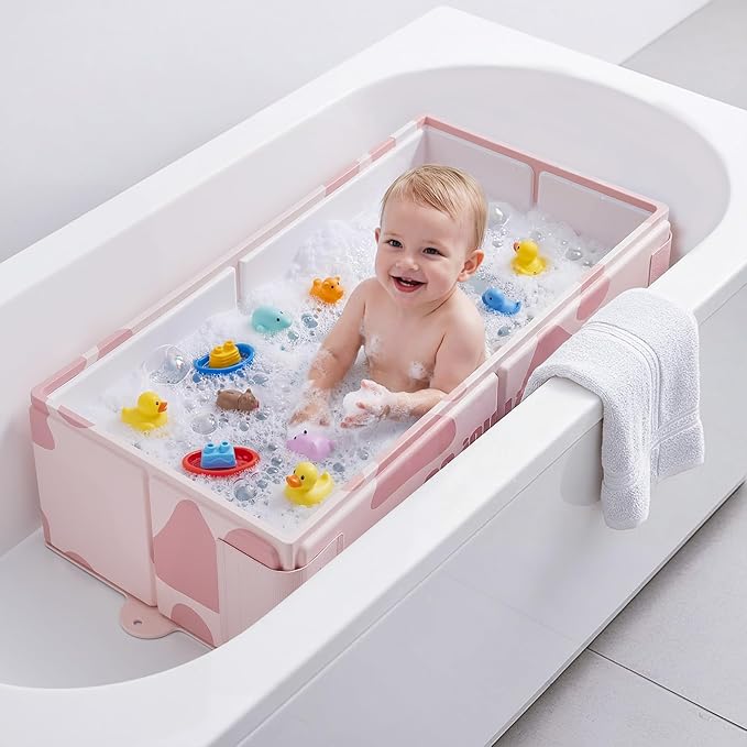 Collapsible Baby Bathtub for Newborn to Toddler, Foldable Toddler Bathtub with Drain Plug, Non-Slip Portable Infant Bath Tub for Travel Storage Outdoor Use, Milk Beige Pink
