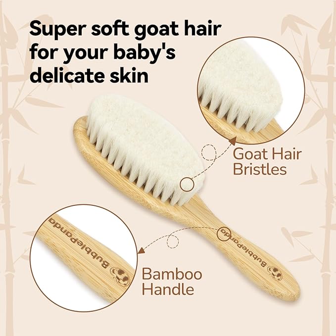 BubblePanda Baby Hair Brush and Comb Set – Ultra Soft Goat Hair Bristles, Natural Bamboo Baby Brush for Cradle Cap, Gentle Grooming Kit, Baby Registry Gift, for Newborns & Toddlers