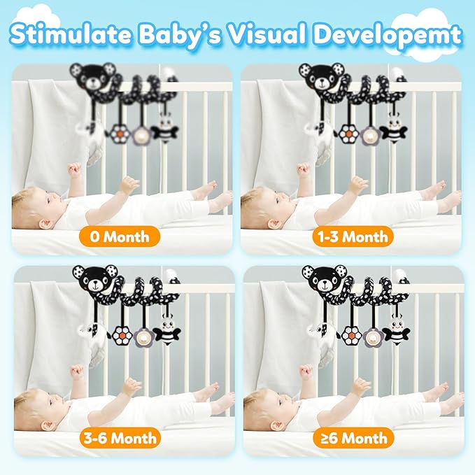 GKDOMS Baby Carseat Toy Black & White Rattle Spiral Hanging Activity Stroller Toy for Newborns Boys and Girls - Bear