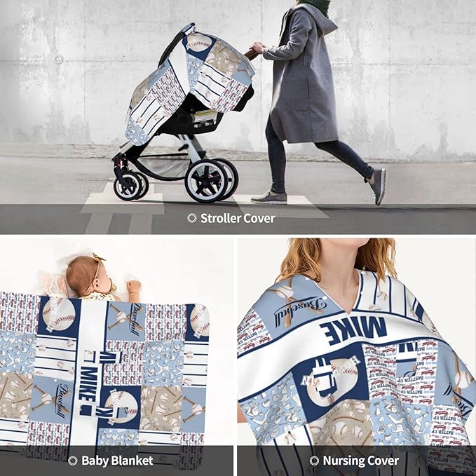 Personalized Baby Car Seat Canopy for Boys Girls, Custom Name Baby Car Seats Covers for Babies, Opening Minky Nursing Breastfeeding Stroller Cover Infant Carseat Canopies for Newborn (Baseball)