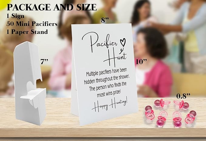 Baby Pacifier Hunt Baby Shower Games, Gender Reveal Game, 8×10 Sign and 50 Mini Acrylic Pacifier, Favorite Adults Kids Games for Baby Shower Activities, Gender Neutral Boy and Girl BPH02