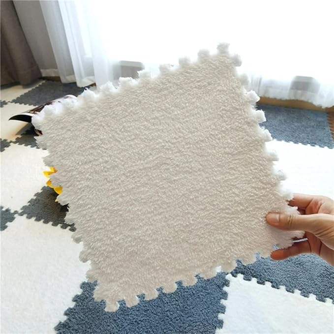 12pcs Plush Puzzle Foam Floor Mat, Soft Fluffy Interlocking Square Foam Tiles Area Rugs Carpet for Parlor Bedroom Decoration(11.8x11.8x0.4in, Grey&White)