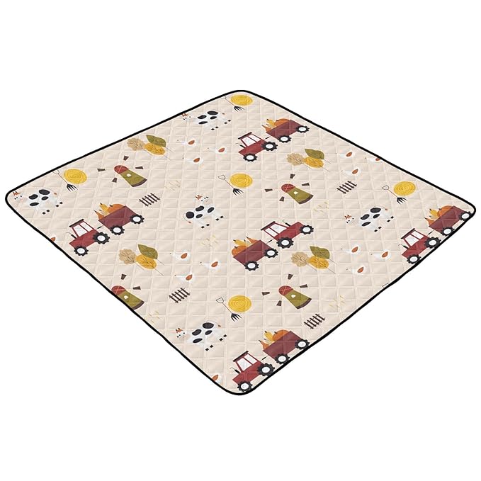 Baby Play Mat Cartoon Farm Cow Chicken Tractor 50 x 50 Playpen Mat Baby Play Mats for Floor Play Gym Crawling Mat Non-Slip Cushioned Baby Playmat for Infants, Babies, Toddlers