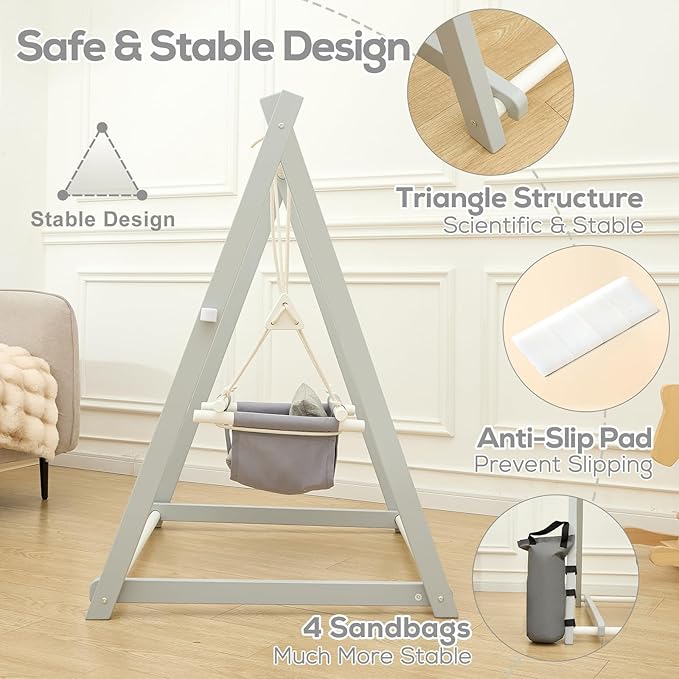 FUNLIO Montessori Wooden Swing Set for Toddlers 6-36 Months, Foldable Indoor Baby Swing Set of Durable Pine, Portable with 4 Sandbags &Extension Straps, Toddler Swing for Indoor/Outdoor-Gray